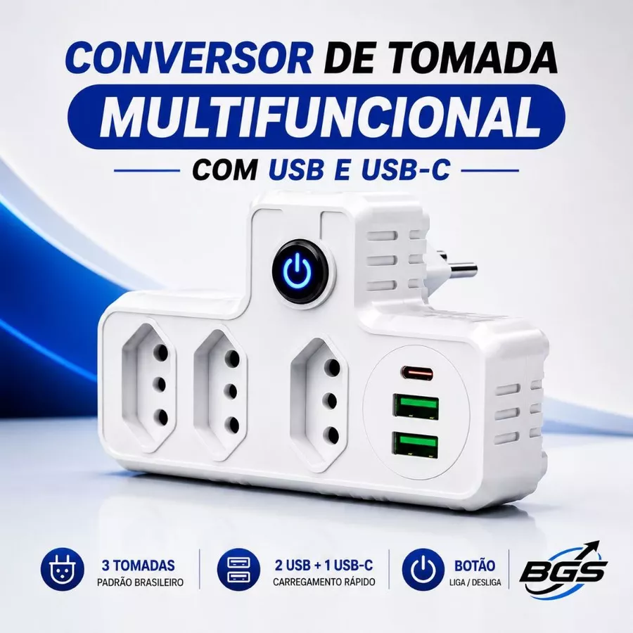 Adaptador Benjamin 6 em 1 · 3 Tomadas + 2 USB + USB-C · 2500W