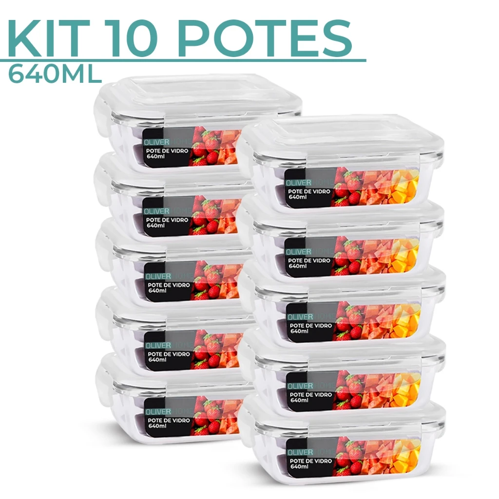 Kit Potes de Vidro Herméticos 640ml · 4 Travas · Vai ao Forno