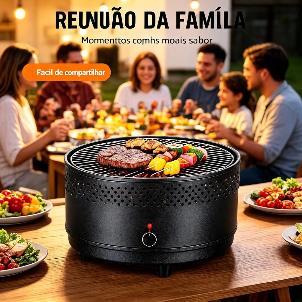 Família reunida em volta da churrasqueira portátil