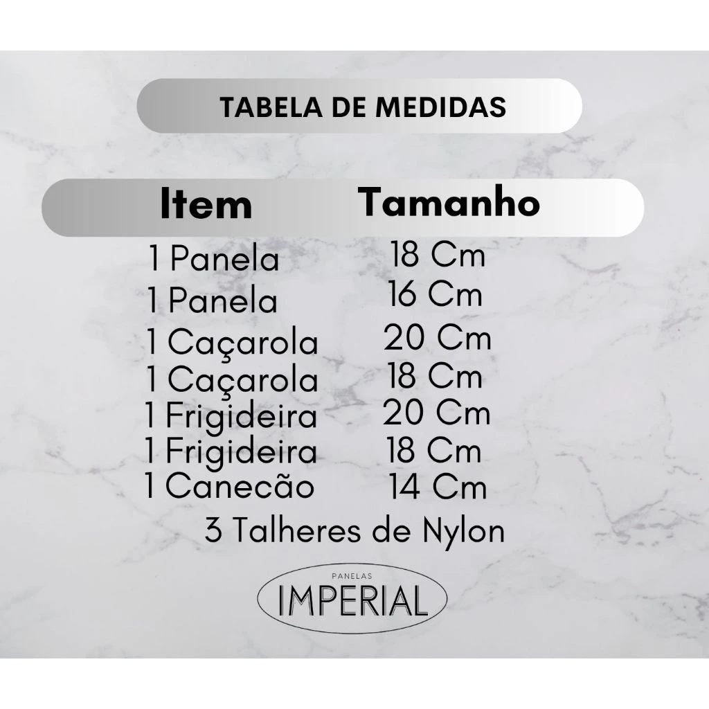 Tabela de medidas do jogo de panelas Imperial