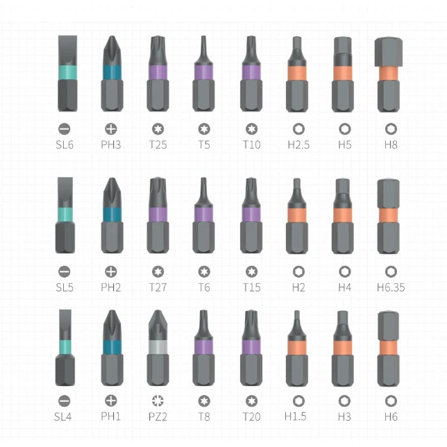 Todos os bits inclusos: fenda, Phillips, Torx e Allen