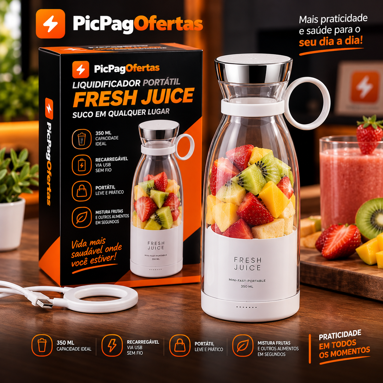 Liquidificador Portátil Fresh Juice 350ml · USB · Sem Fio