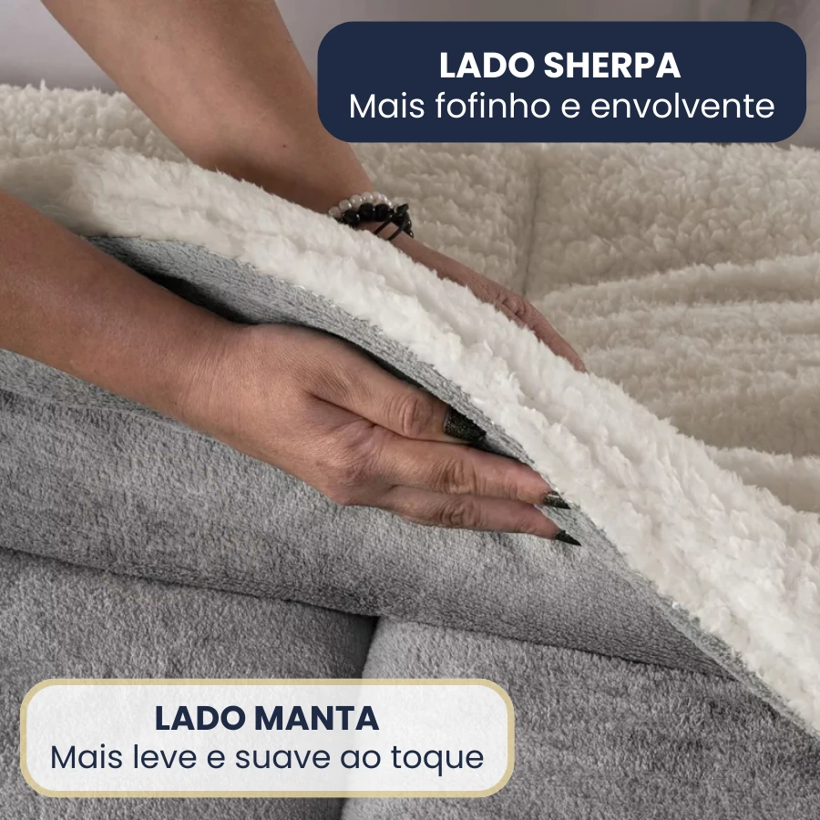 Detalhe dos lados sherpa e manta do coberdrom dupla face