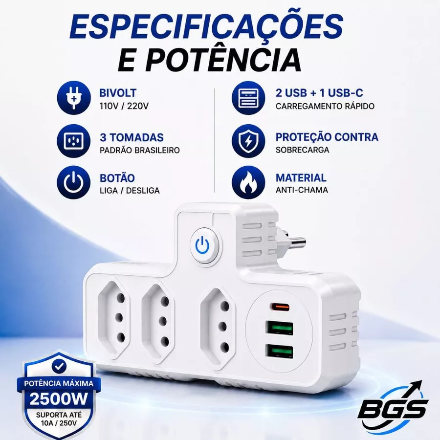 Especificações do adaptador: bivolt, 3 tomadas, USB-C e proteção
