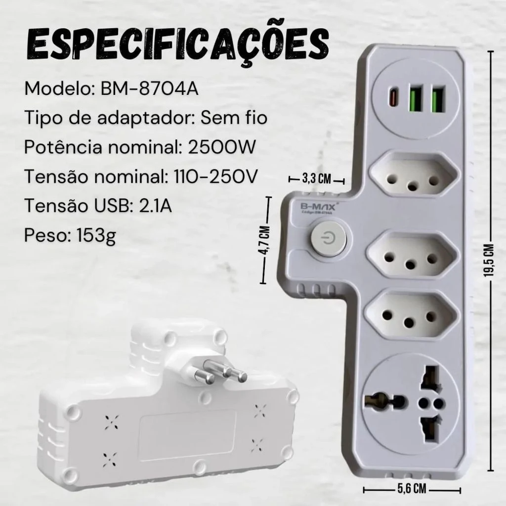 Especificações do adaptador BM-8704A: 2500W, 110-250V, USB 2.1A