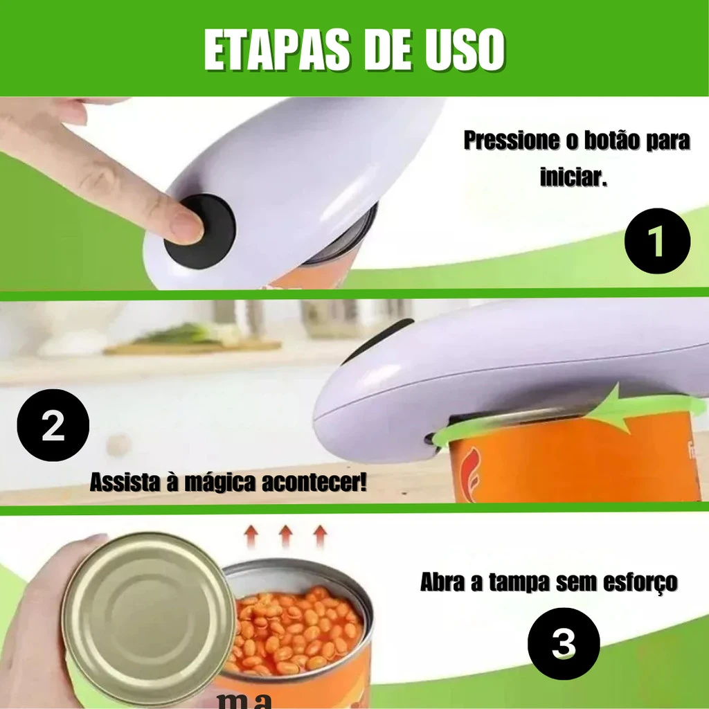 Etapas de uso do abridor de latas elétrico