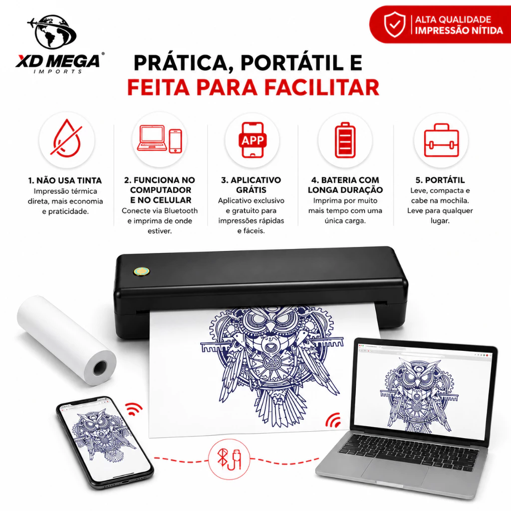 Impressora Térmica A4 Portátil Bluetooth Sem Tinta