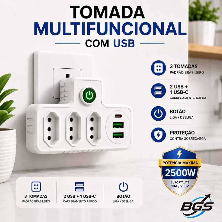 Tomada multifuncional com botão liga desliga e potência 2500W