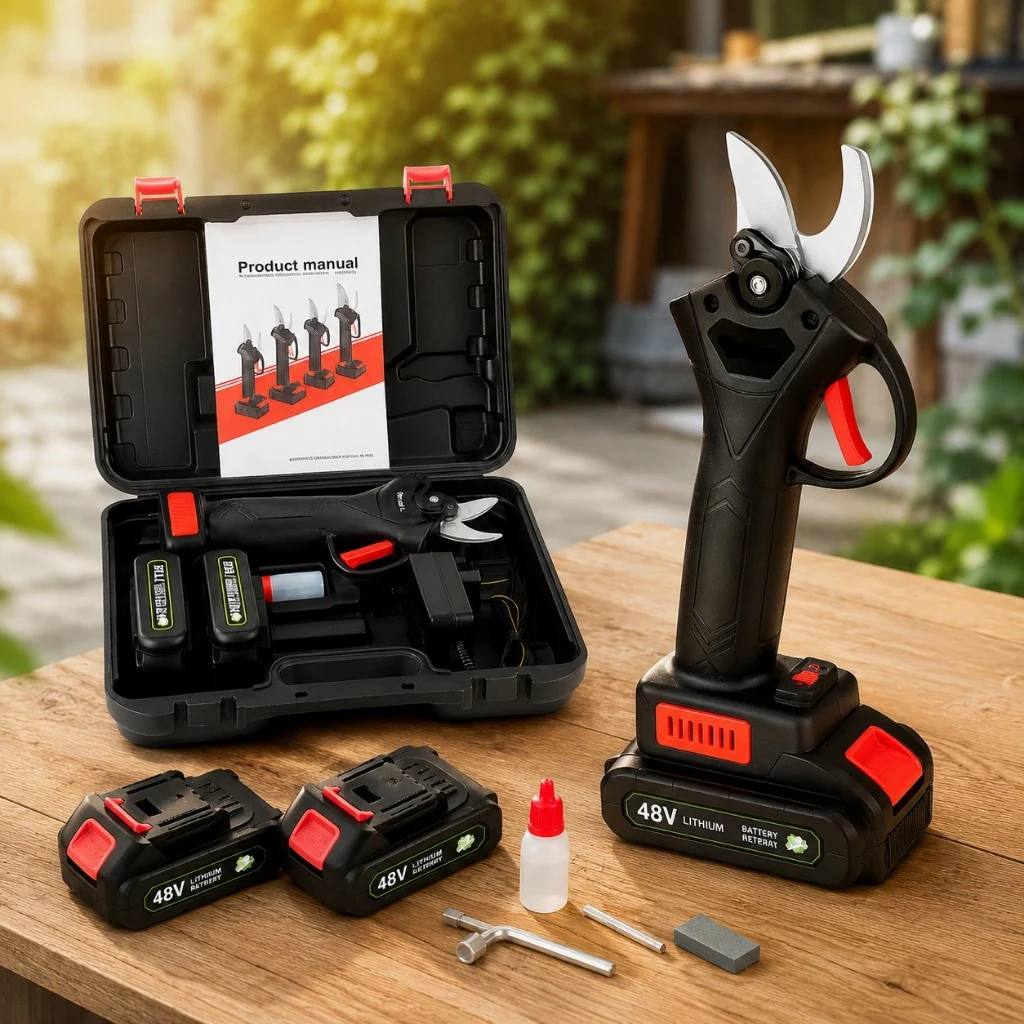 Kit tesoura de poda sem fio com maleta, carregador e acessórios em ambiente de jardim
