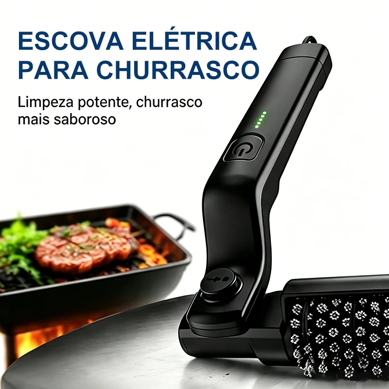 Escova elétrica para churrasco em detalhe ao lado da grelha