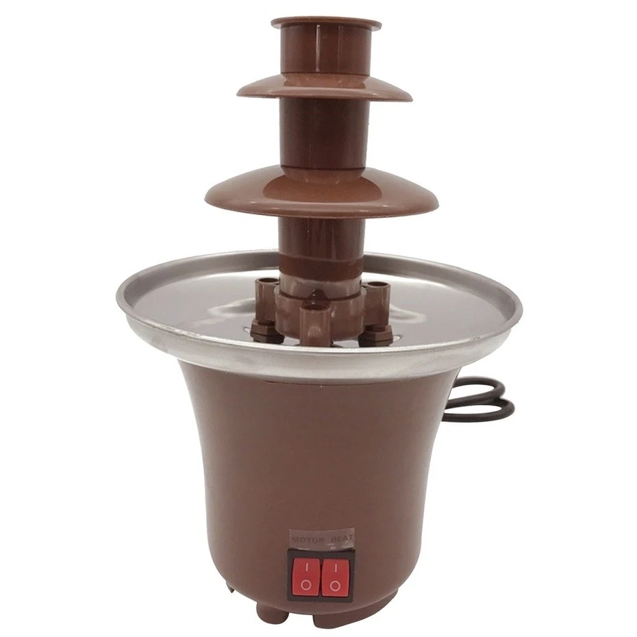 Fonte de chocolate elétrica desligada, base marrom com bandeja inox