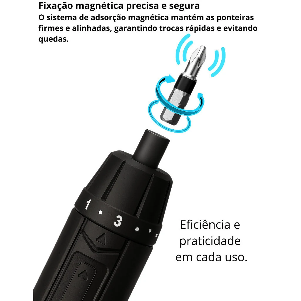 Fixação magnética que segura a ponteira firme e alinhada durante o uso