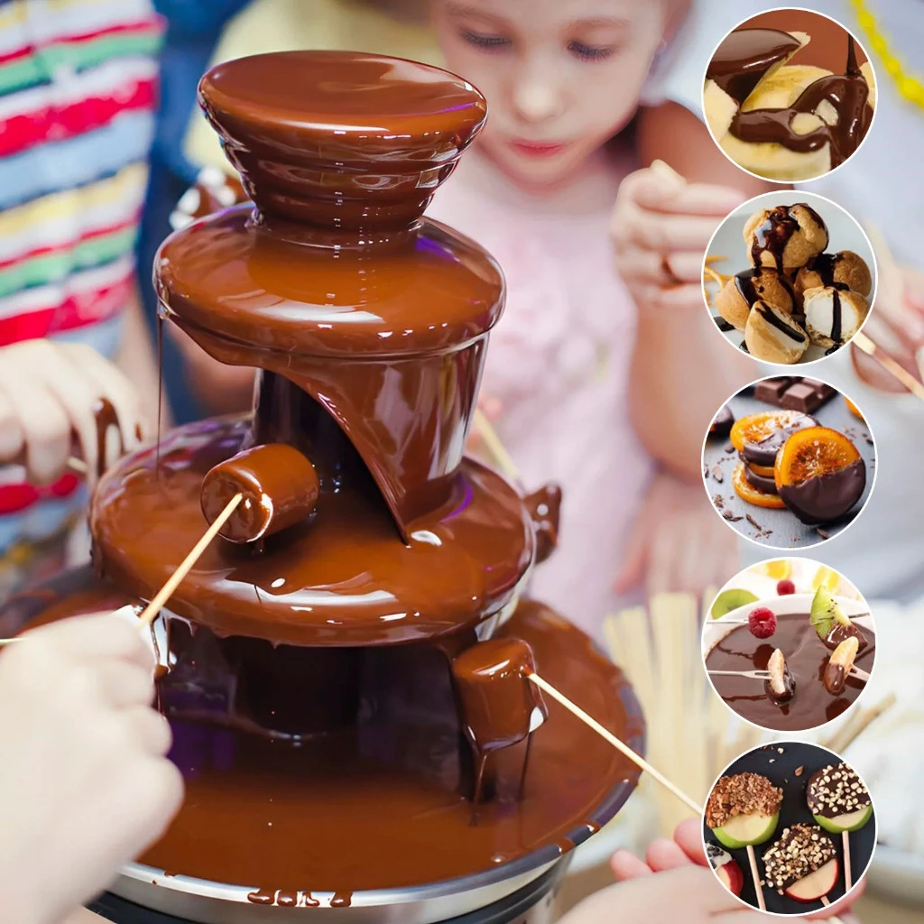 Cascata de chocolate em festa com espetinhos de fruta e marshmallow