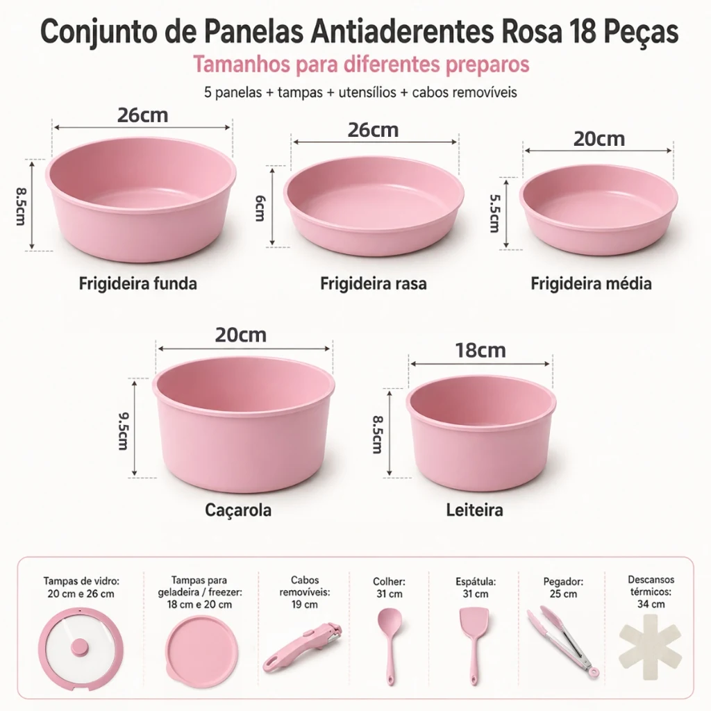 Todas as peças e medidas do jogo de panelas rosa