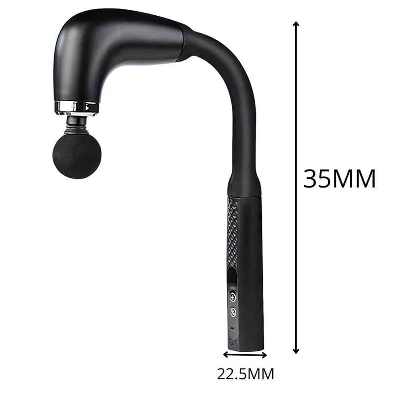 Medidas do massageador curvo: 35 cm de comprimento e cabo ergonômico