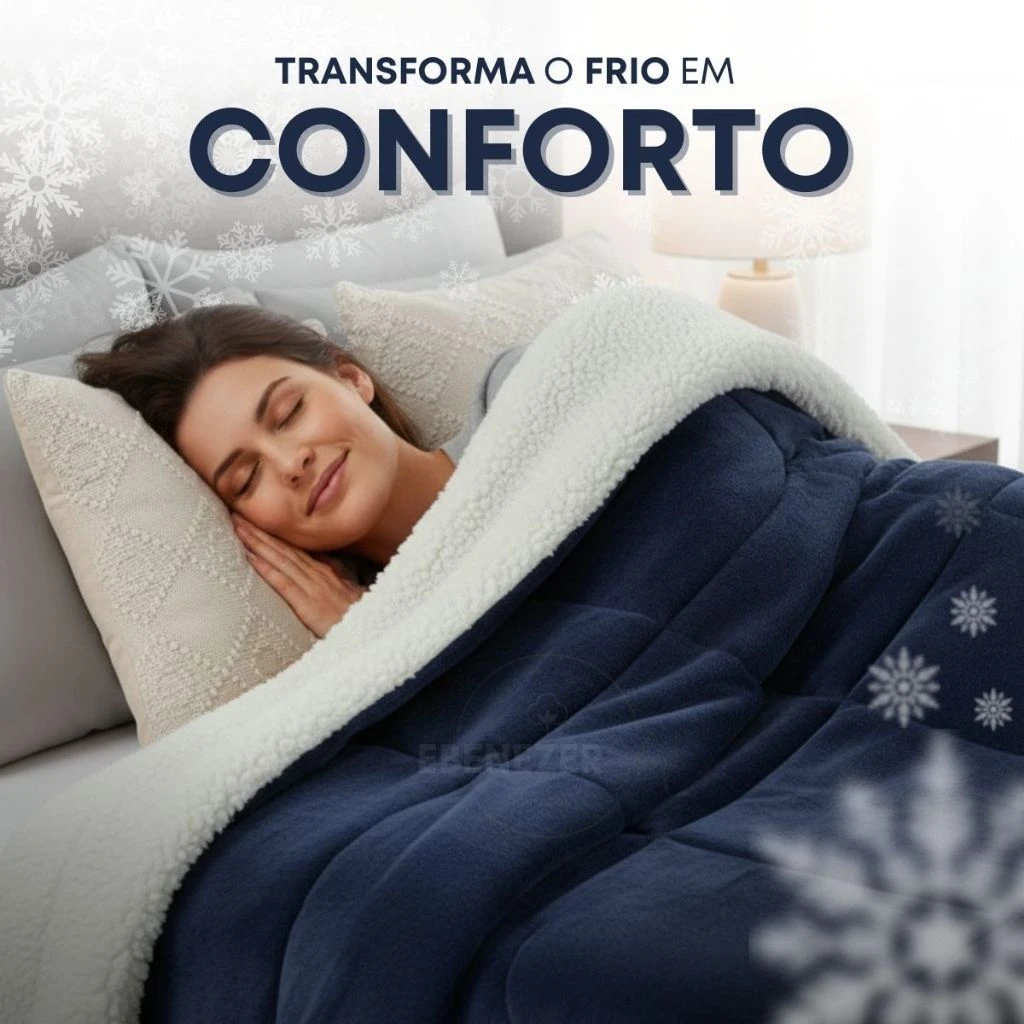 Coberdrom sherpa azul transformando o frio em conforto