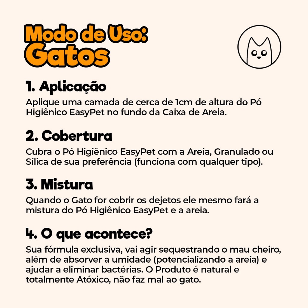 Modo de uso do Pó Higiênico Easy Pet para gatos com areia, granulado ou sílica