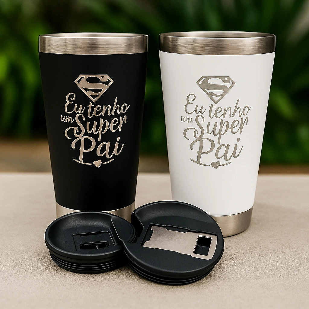 Copo Térmico Super Pai 476ml · Gravação a Laser + Tampa Abridor