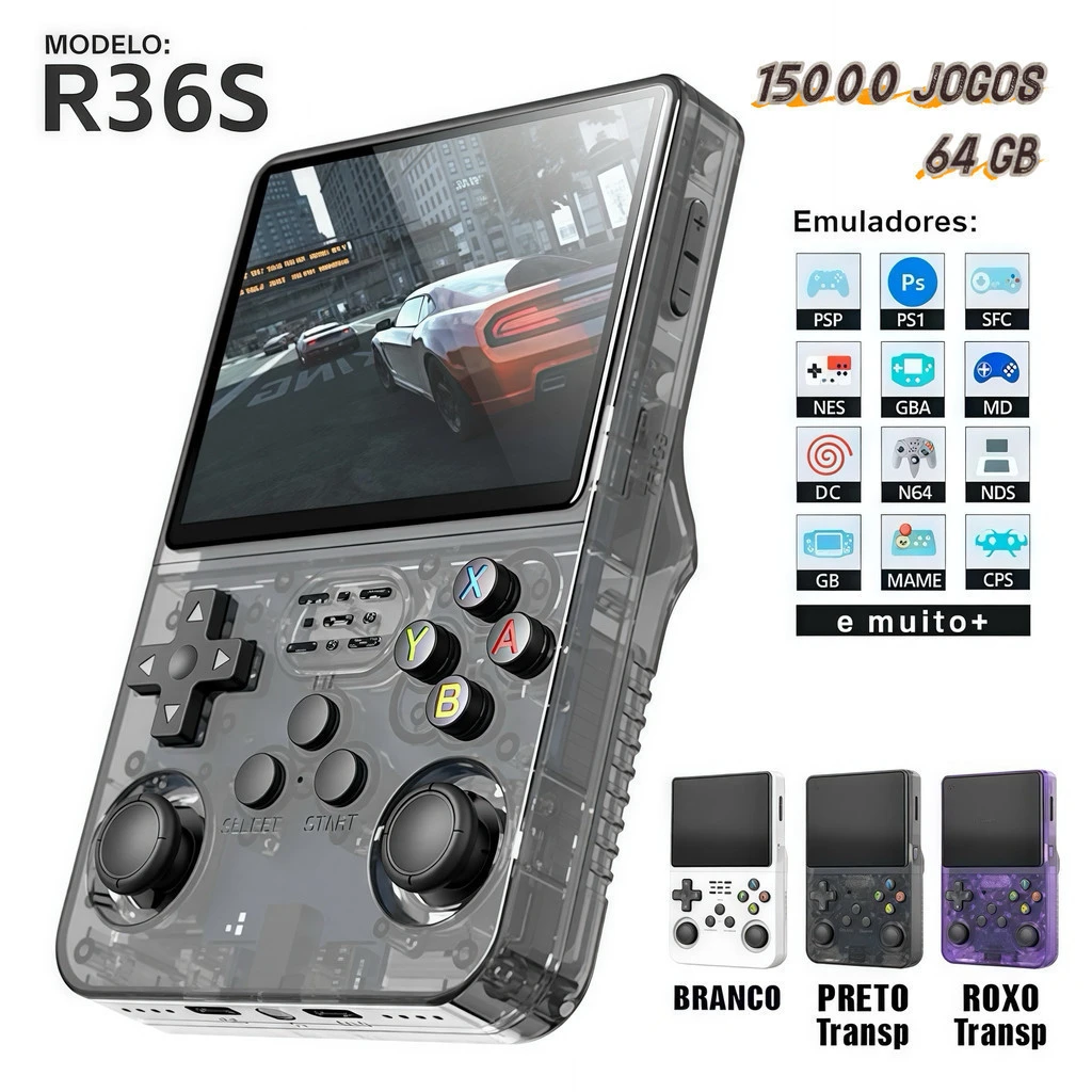 Console R36S · 15.000 Jogos · Tela IPS 3.5" (Roxo/Preto/Branco)