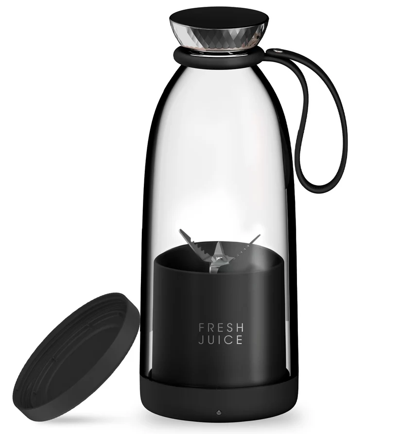 Liquidificador portátil Fresh Juice preto com lâminas visíveis