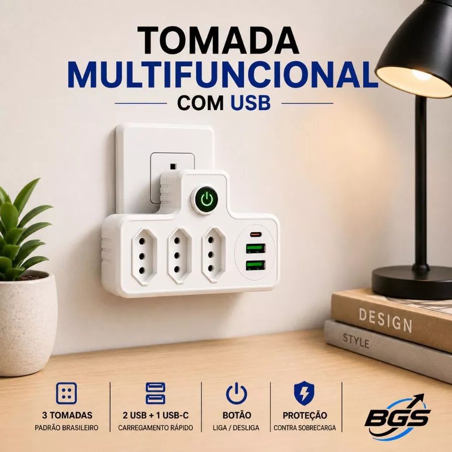 Tomada multifuncional com USB instalada na parede