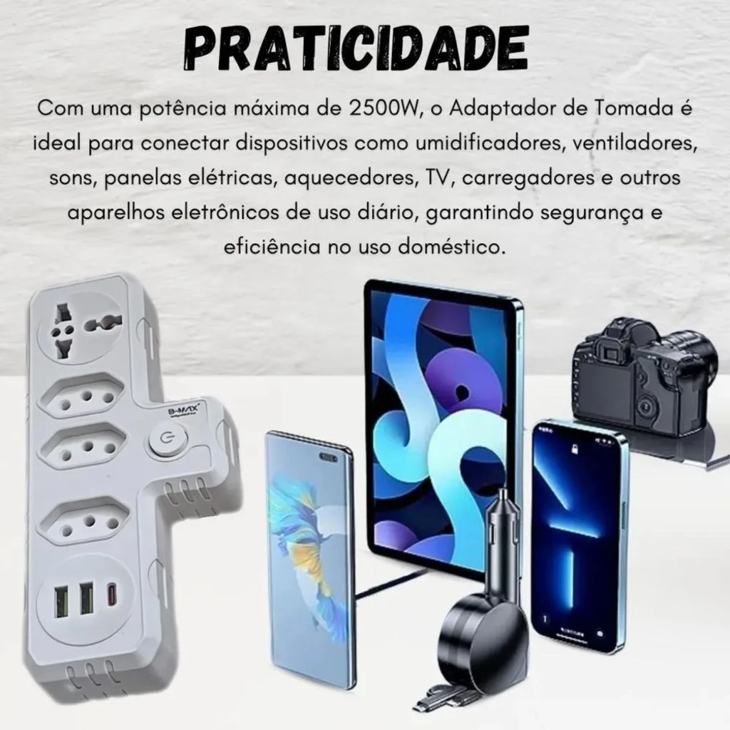 Adaptador 2500W usado com tablet, celular e câmera