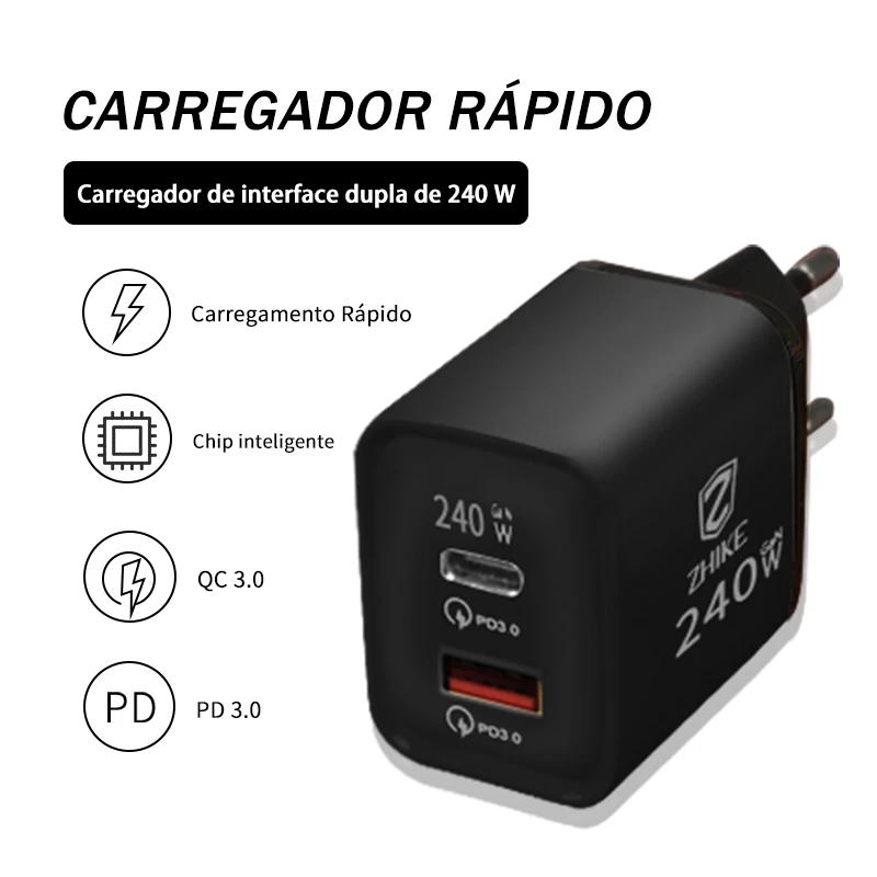 Kit Turbo 240W · Cabo USB-C 1,5m com Suporte + Fonte Turbo 240W
