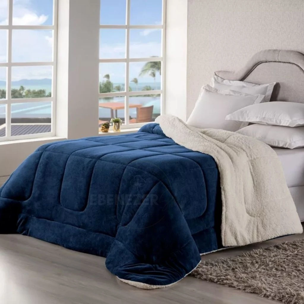 Coberdrom cobertor solteiro dupla face sherpa na cor Azul Marinho