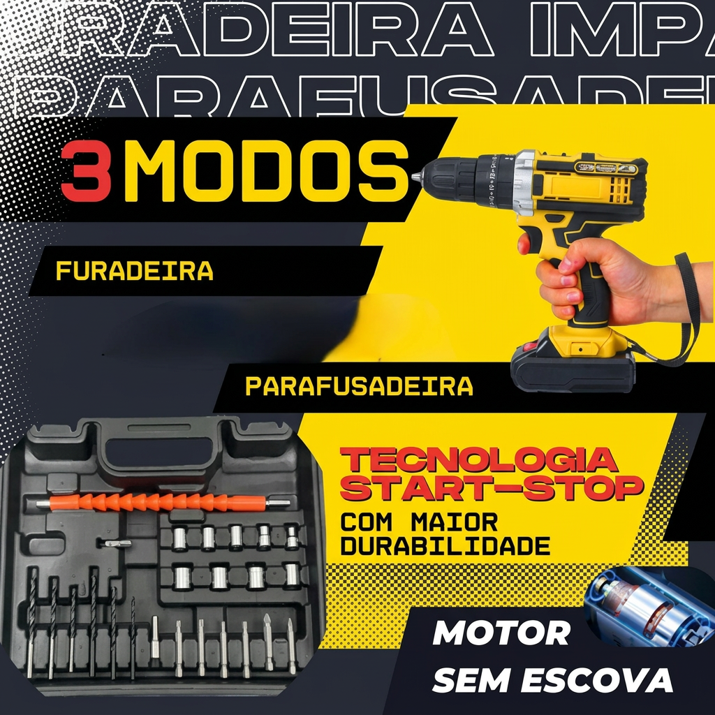 Furadeira 48V com motor sem escova, maleta e acessórios