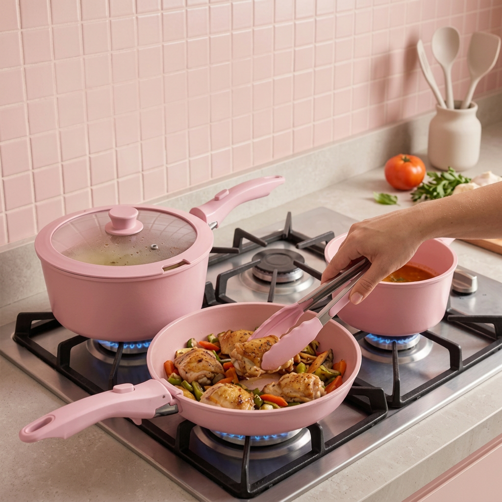 Conjunto de panelas rosa em uma cozinha moderna