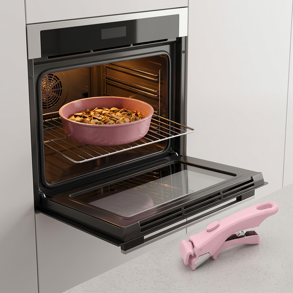 Panela rosa no forno com o cabo removido